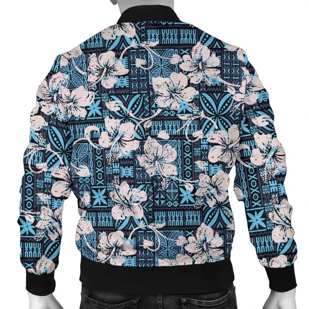 Alohawaii Jacket - Bomber Jacket Fiji Tapa Hibiscus Blue A7