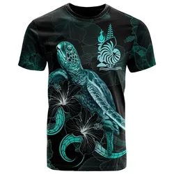 New Caledonia Polynesian T shirt - Turtle With Blooming Hibiscus Turquoise