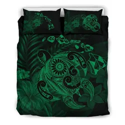 Hawaiian Map Turtle Tattoo Hibiscus Plumeria Polynesian Bedding Set - Green - AH - J4