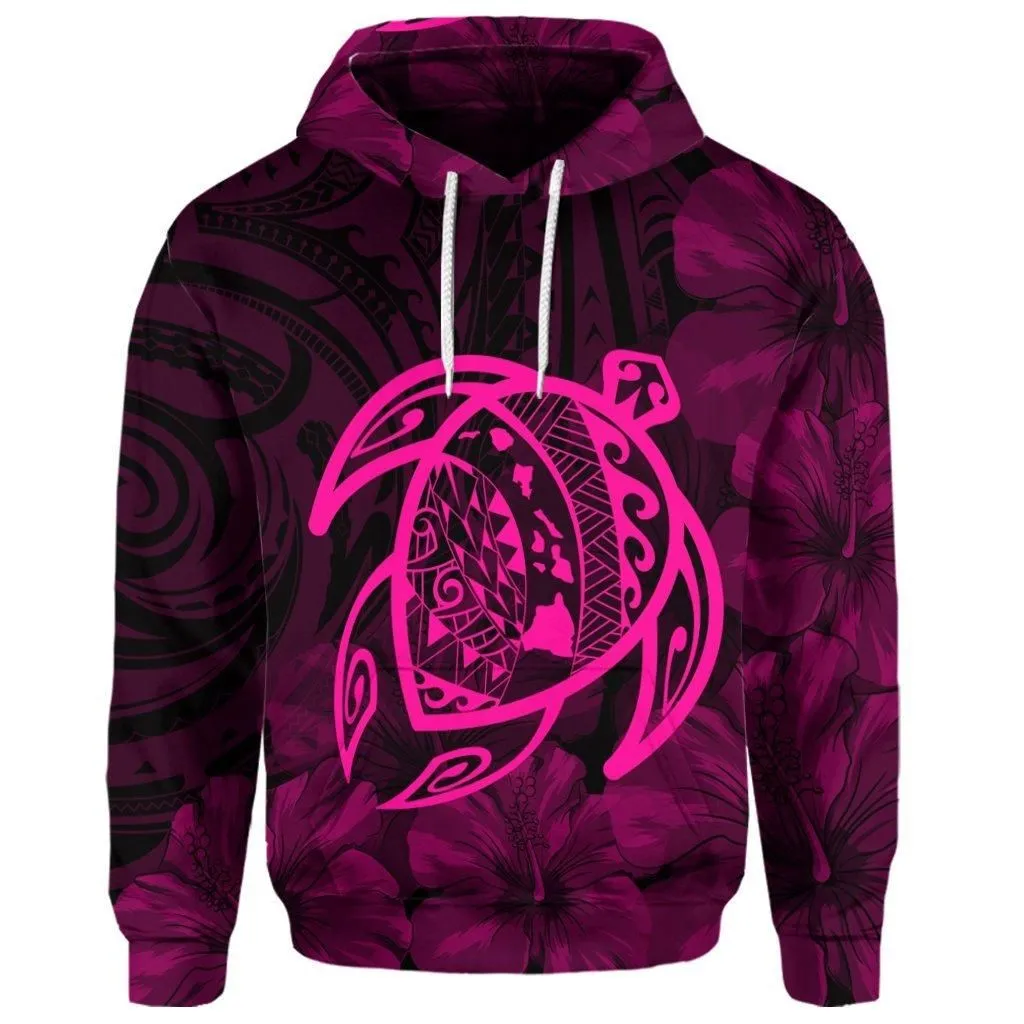 (Personalised) Hawaiian Map Turtle Kanaka Hibiscus Polynesian Hoodie - Pink - AH