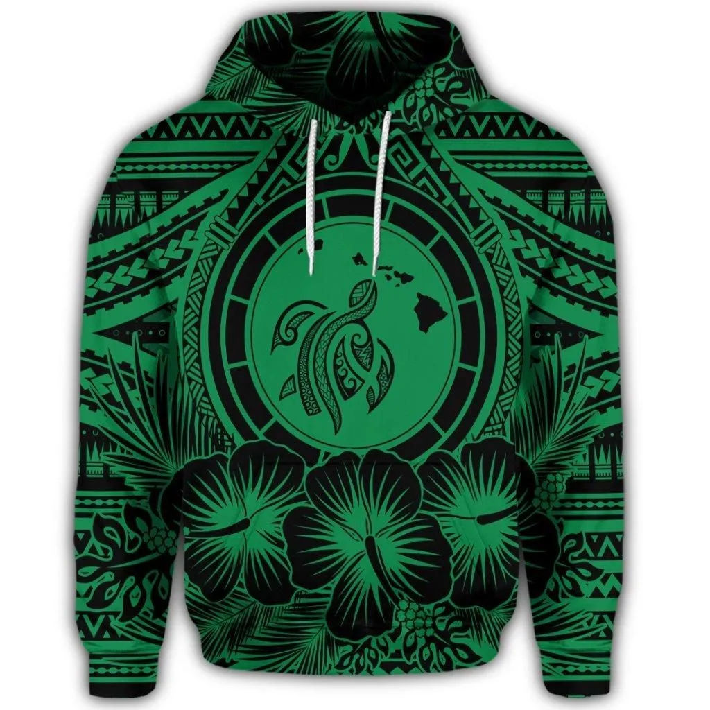 Hawaiian Map Honu Hibiscus Tropic Green Polynesian Hoodie