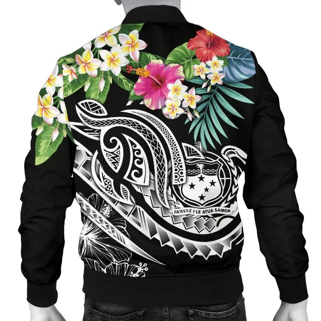 Polynesian Samoa Mens Bomber Jacket - Summer Plumeria (Black)