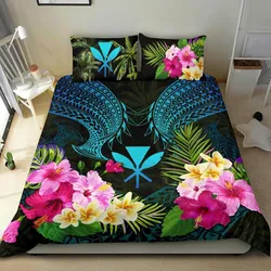 Polynesian Bedding Set - Hawaii Duvet Cover Blue Kanaka Maoli Hibiscus Plumeria Coconut
