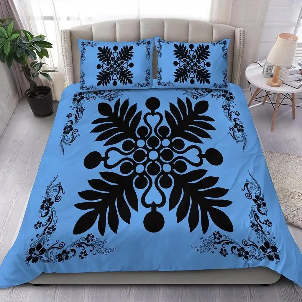 Alohawaii Home Set - Hawaiian Quilt Maui Plant And Hibiscus Pattern Bedding Set - Black Pastel - AH J8