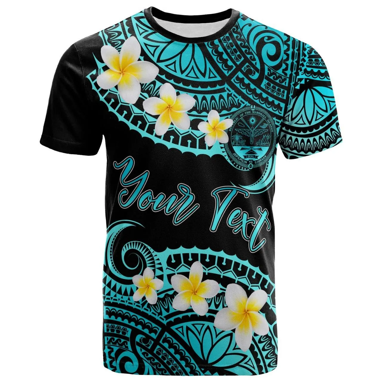 Marshall Islands Crest Custom Personalised T-Shirt - Plumeria Polynesian Vibe Turquoise