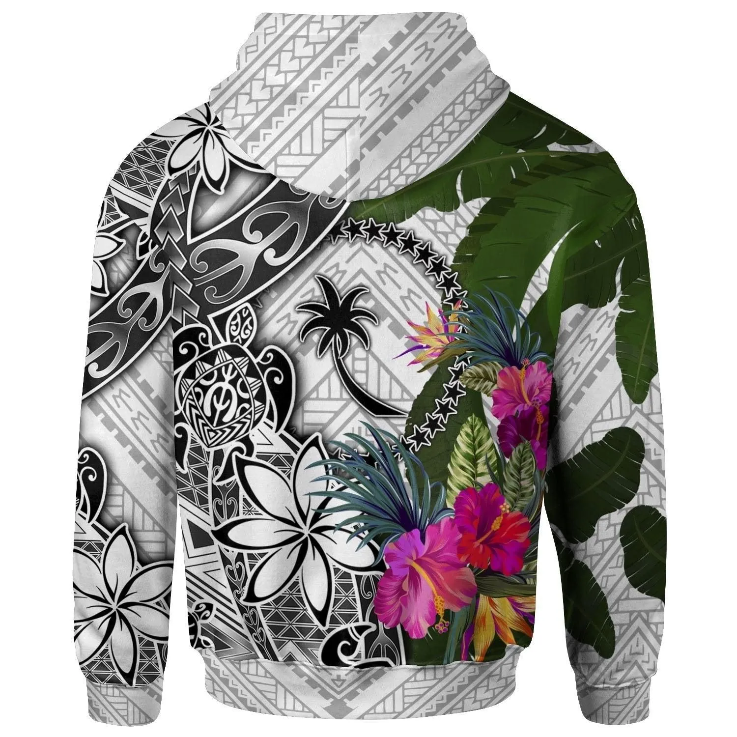 Chuuk Hoodie White - Turtle Plumeria Banana Leaf