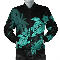 FamilyGater Jacket - Hawaii Turtle Plumeria Coconut Tree Polynesian Bomber Jacket - Turquoise - AH - J4R