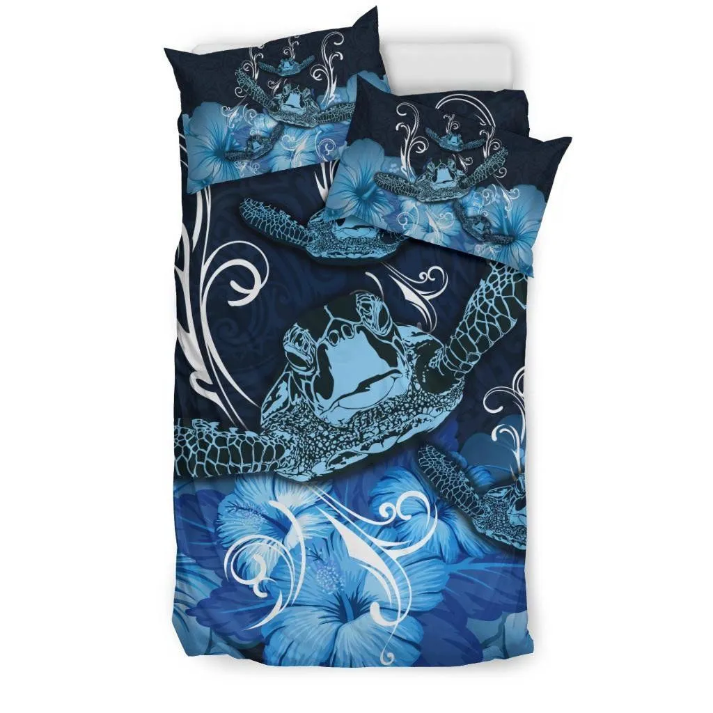 FamilyGater Bedding Set - Cover and Pillow Cases Hawaii Polynesian Turtle Waves Hibiscus - Erik Style - AH - Blue - J5