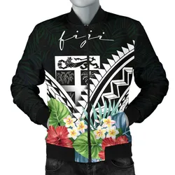 Fiji Mens Bomber Jacket - Fiji Coat of Arms & Polynesian Tropical Flowers White