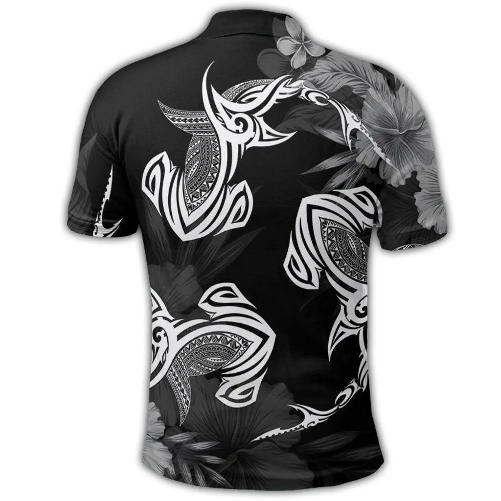 Hawaiian Hammerhead Shark Hibiscus White Polynesian Polo Shirt