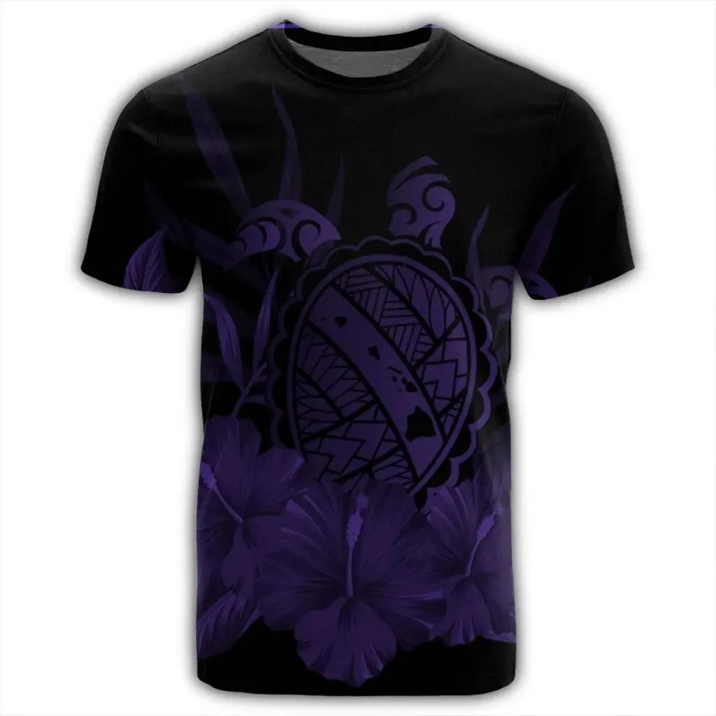 Alohawaii Tee - Hawaiian Map Turtle Hibiscus Polynesian T-shirt Purple - AH - J4R