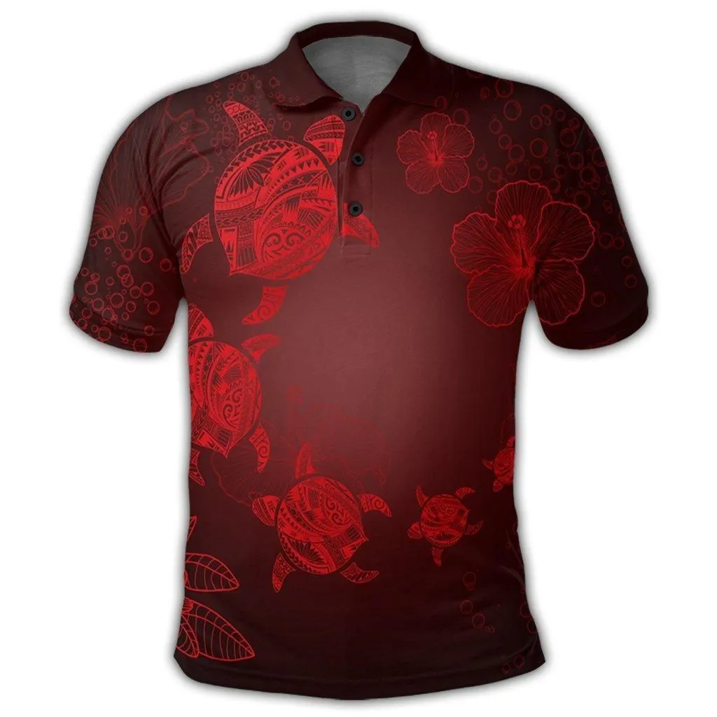 Hawaiian Plumeria Hibiscus Turtle Under Sea Polynesian Polo Shirt Red