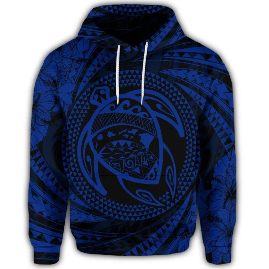 Hawaiian Kanaka Honu Hibiscus Tornando Polynesian Blue Hoodie