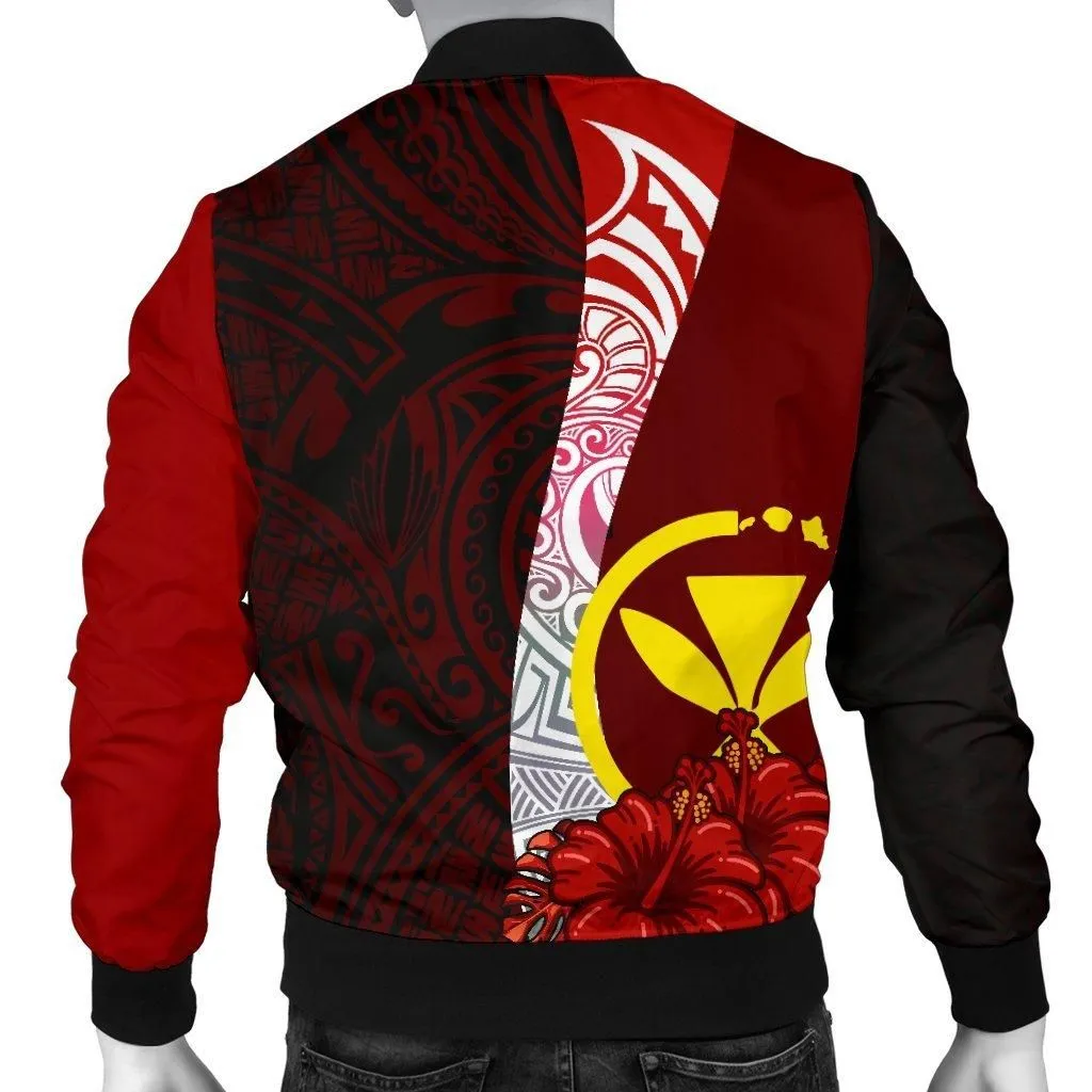 Hawaii Polynesian Mens Bomber Jacket - Coat Of Arm With Hibiscus