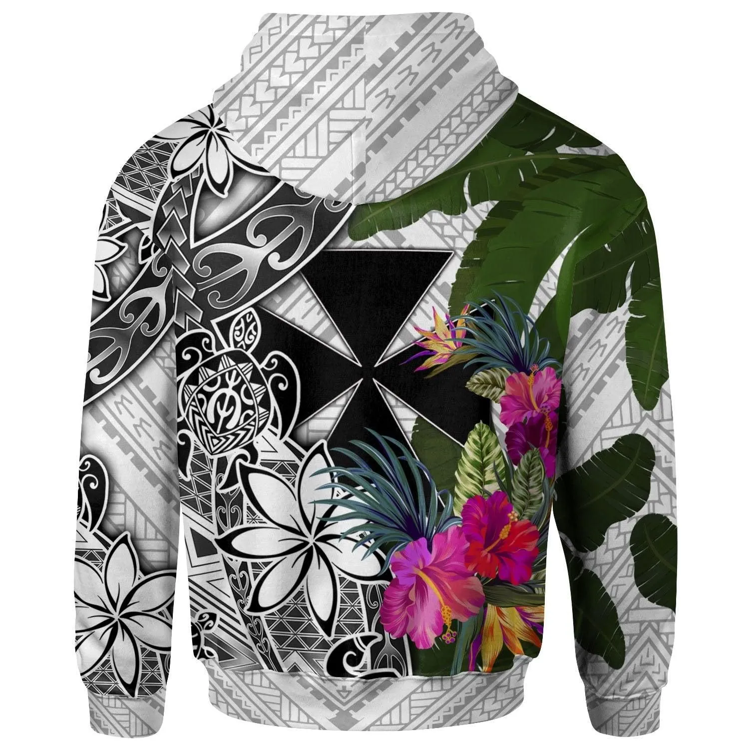 Fiji Hoodie White - Turtle Plumeria Banana Leaf