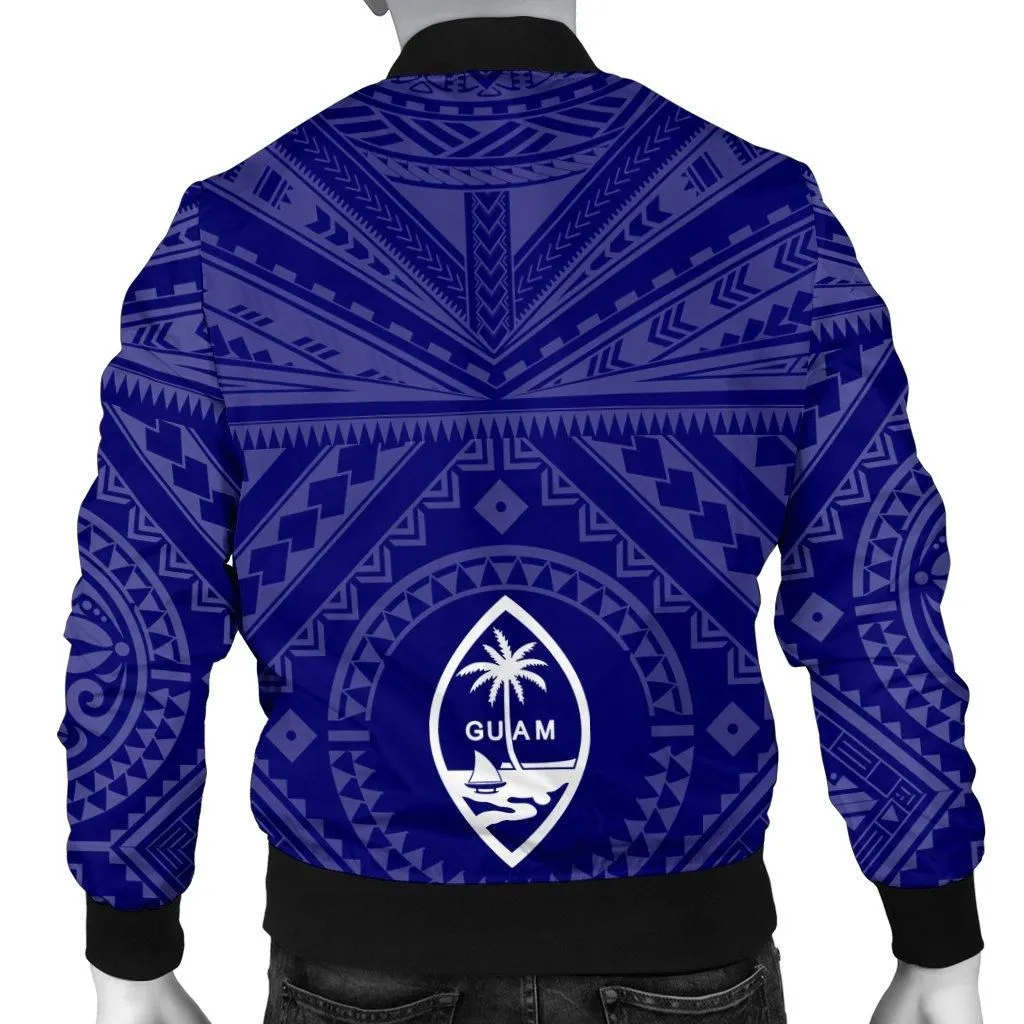 Guam Mens Bomber Jacket - Guam Seal With Polynesian Tattoo Style (Blue)