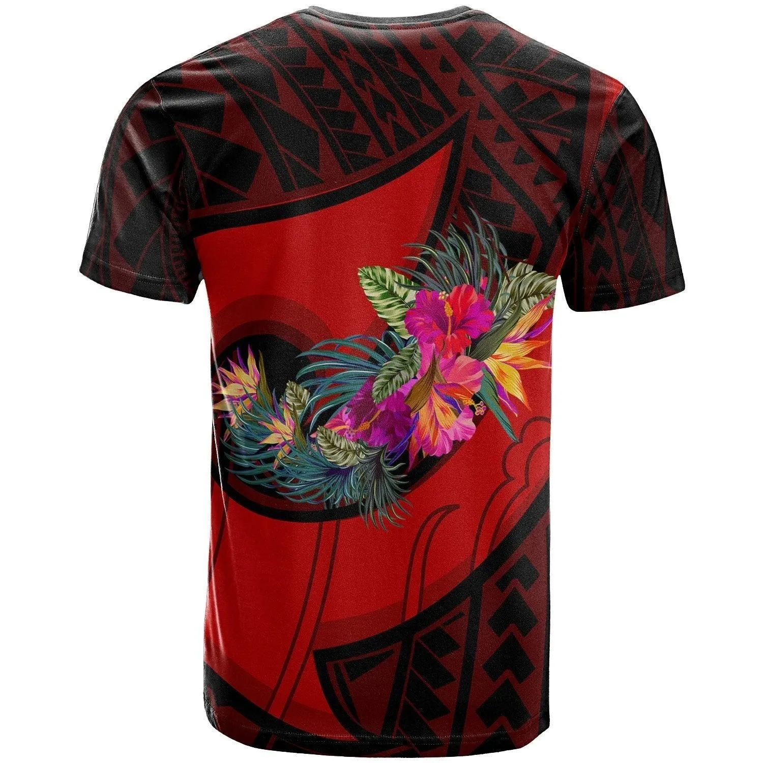 Kosrae T Shirt - Polynesian Hook and Hibiscus Red