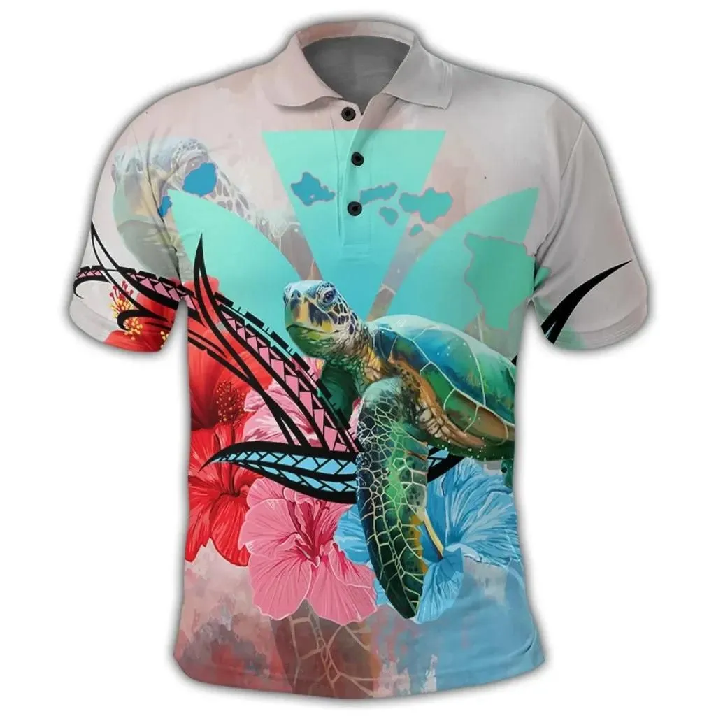Alohawaii Shirt - Hawaii Map Kanaka Sea Turtle Hibiscus Polo Shirt - AH - Blue Pink - J5R