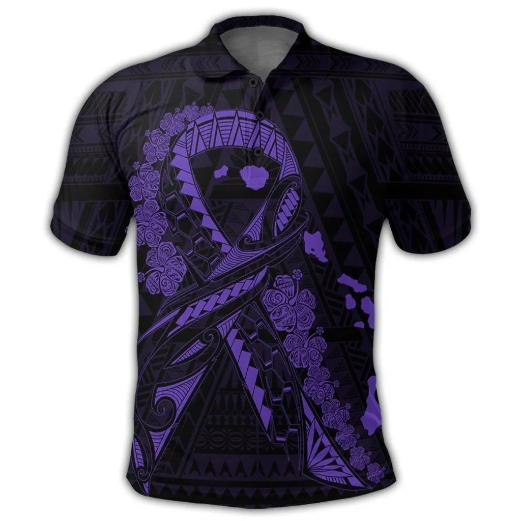 Hawaiian Map Heart Ribbon Cancer Hibiscus Purple Polynesian Polo Shirt
