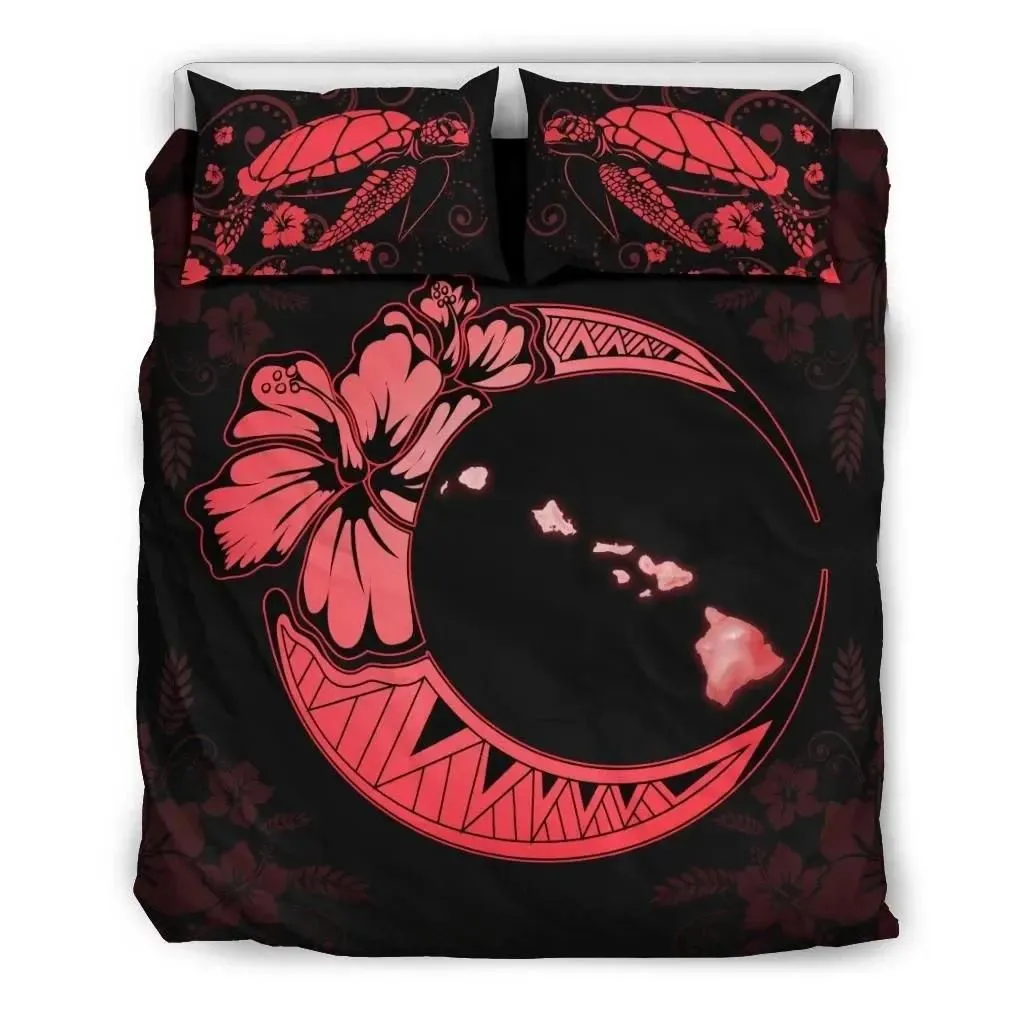 Hawaiian Map Hibiscus Turtle Polynesian Moon Bedding Set Red - AH - J1