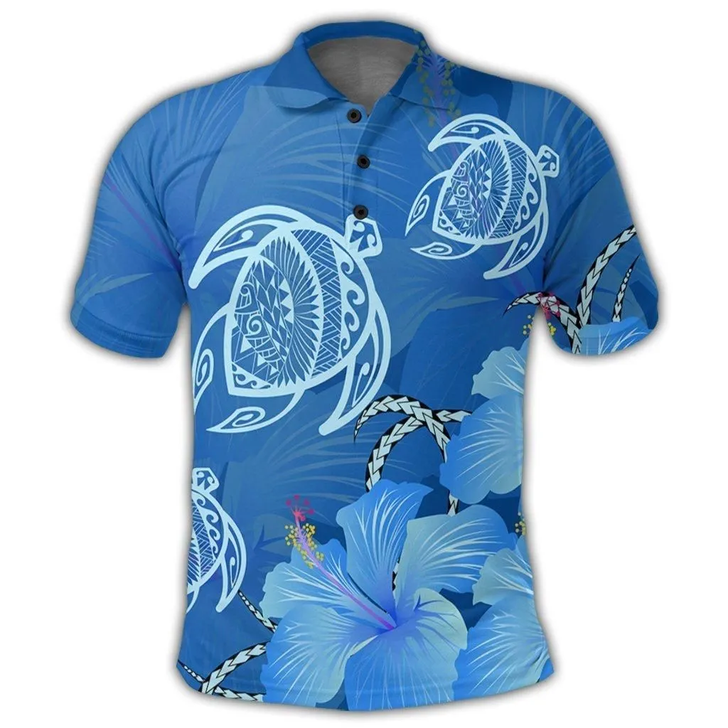 Hawaii Blue Hibiscus Turtle Polynesian Polo Shirt