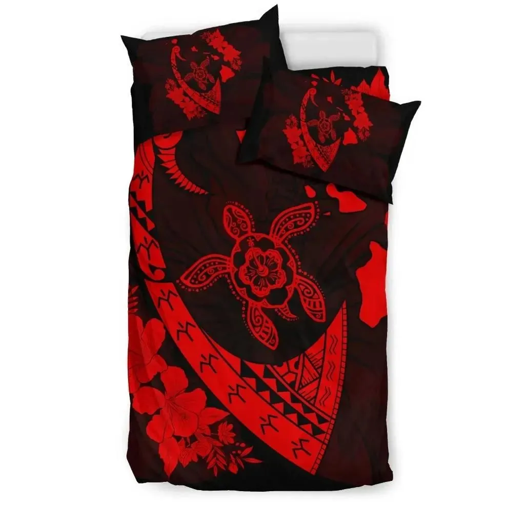 FamilyGater Home Set - Hawaiian Map Hibiscus Turtle Fish Hook Polynesian Bedding Set Red - AH - J5