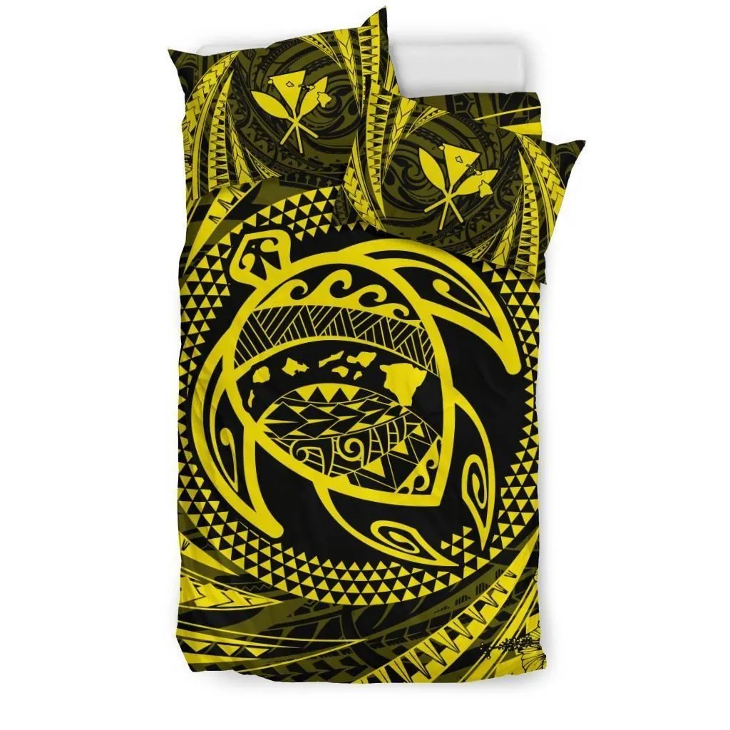 Hawaiian Kanaka Honu Hibiscus Tornado Yellow Polynesian Bedding Set - AH - JD