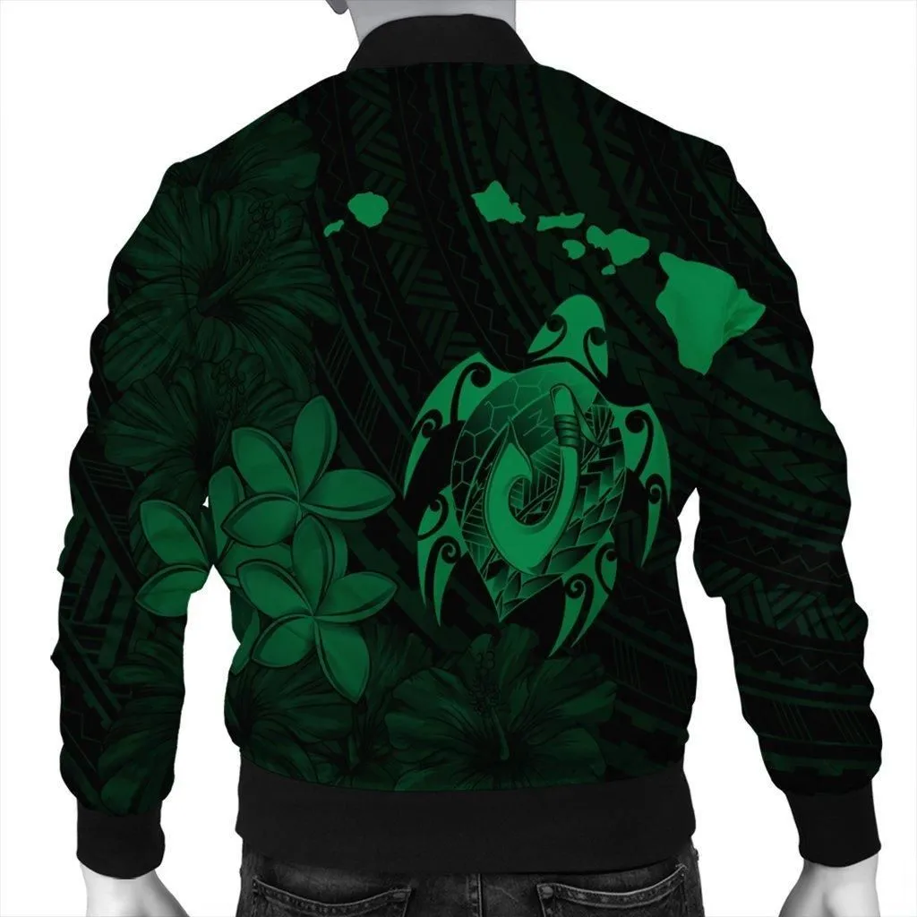 Hawaiian Map Turtle Plumeria Hibiscus Fish Hook Polynesian Bomber Jacket Green