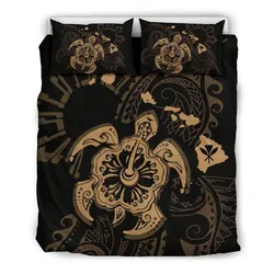 FamilyGater Bedding Set - Cover and Pillow Cases Hawaiian Map Kanaka Hibiscus Turtle Gold Polynesian - AH - J4