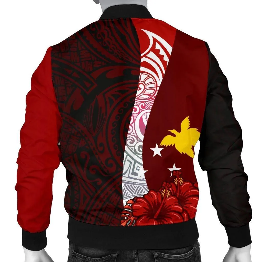 Papua New Guinea Polynesian Custom Personalised Mens Bomber Jacket - Coat Of Arm With Hibiscus