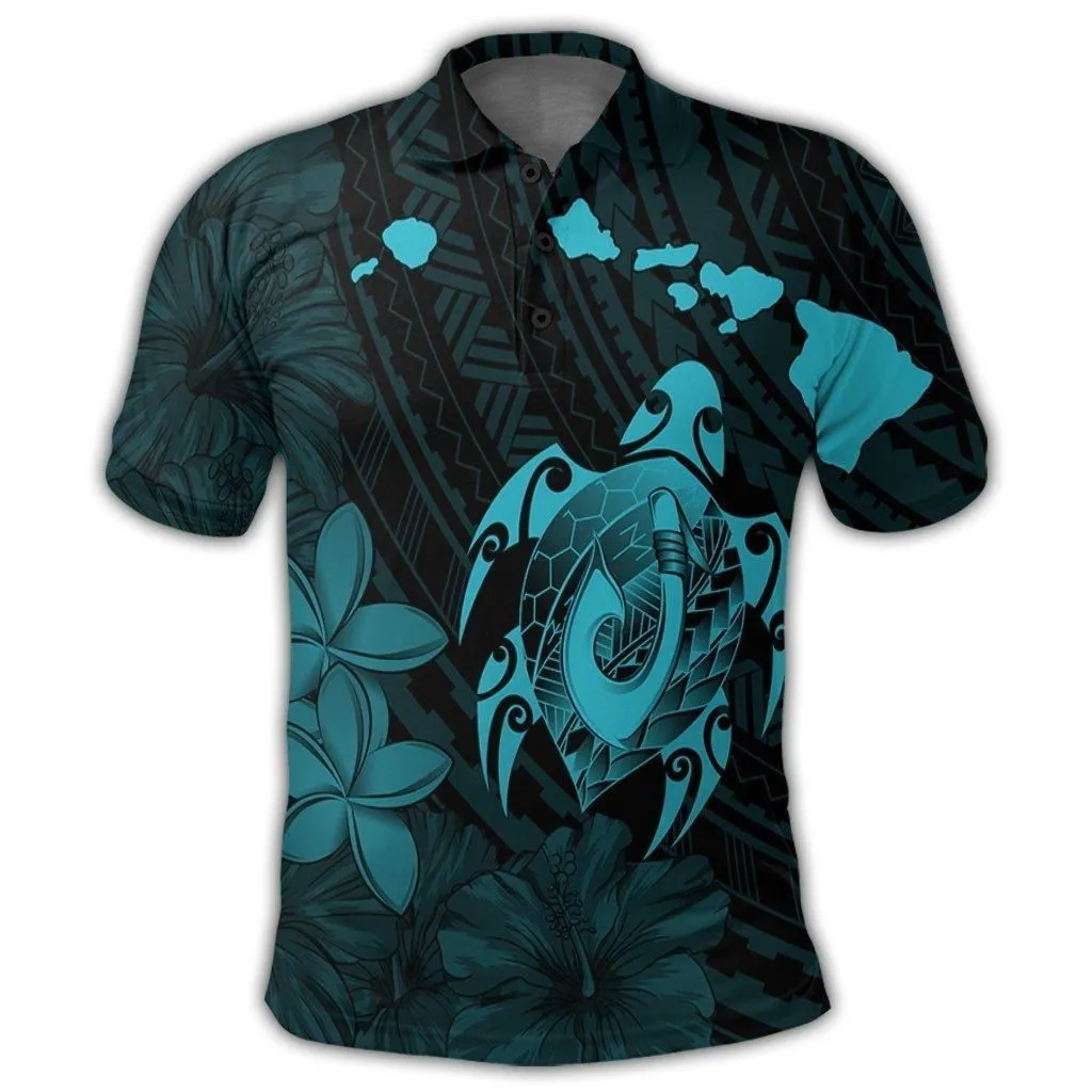 Hawaiian Map Turtle Plumeria Hibiscus Fish Hook Polynesian Polo Shirt Blue