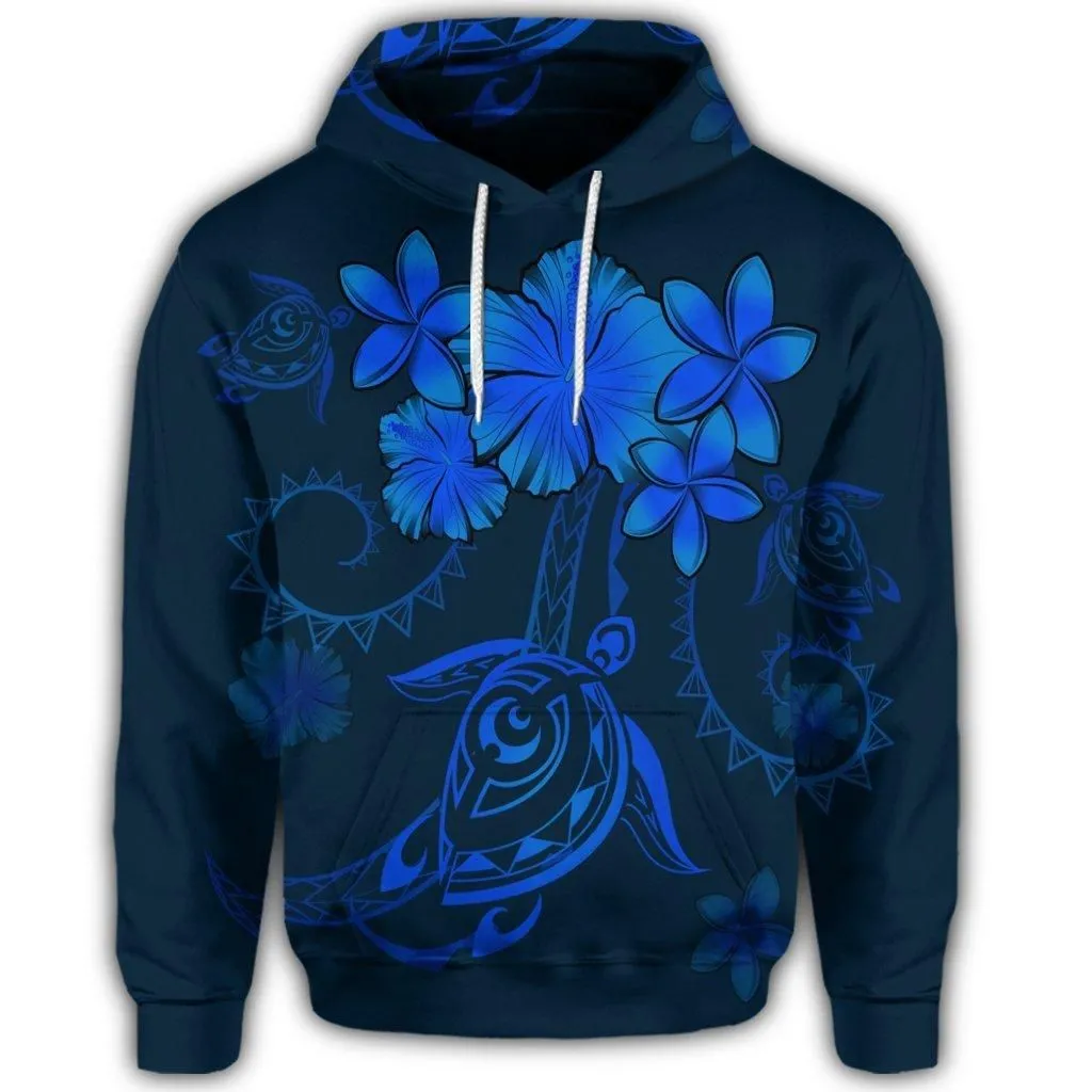 Hawaiian Turtles Hibiscus Plumeria Polynesian Hoodie - Blue