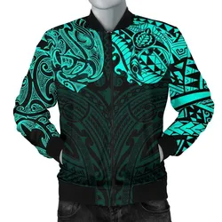 New Zealand Mens Bomber Jacket, Maori Polynesian Tattoo Turquoise