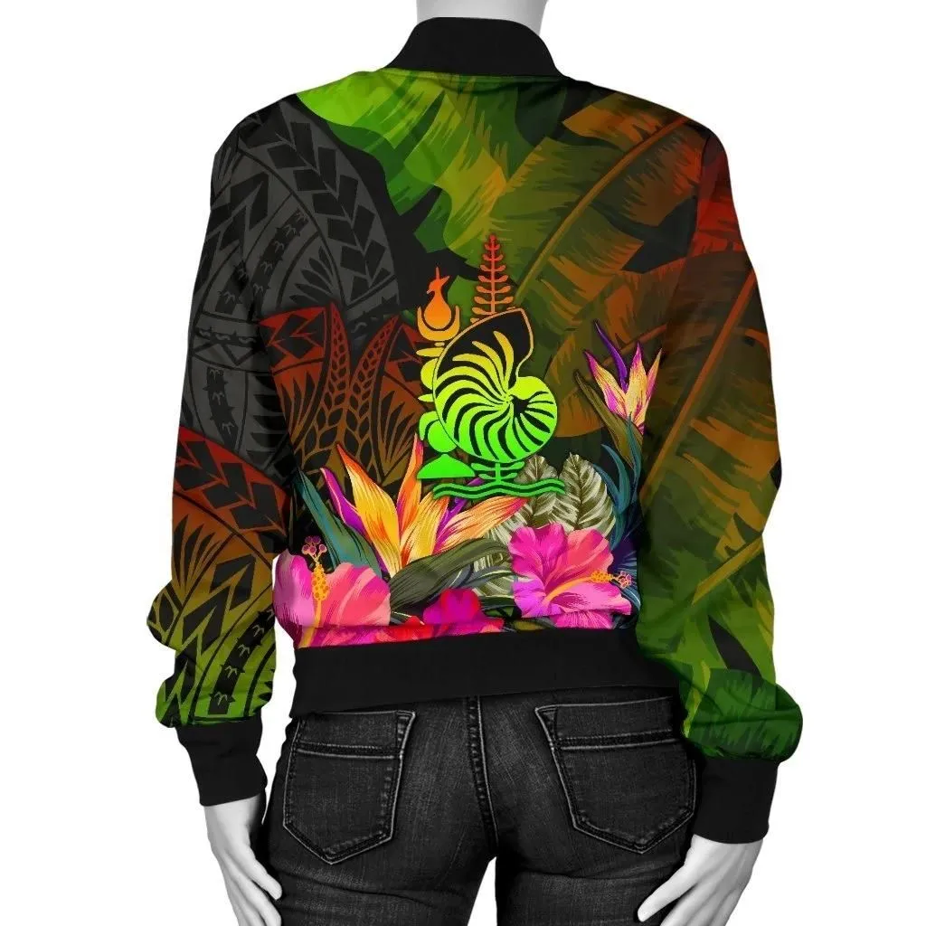 New Caledonia Polynesian Women's Bomber Jacket- Hibiscus and Banana Leaves - BN15