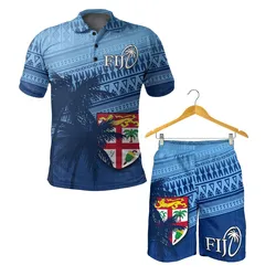 Combo Polo Shirt and Men Short Fiji Rugby Makare And Tapa Patterns Blue