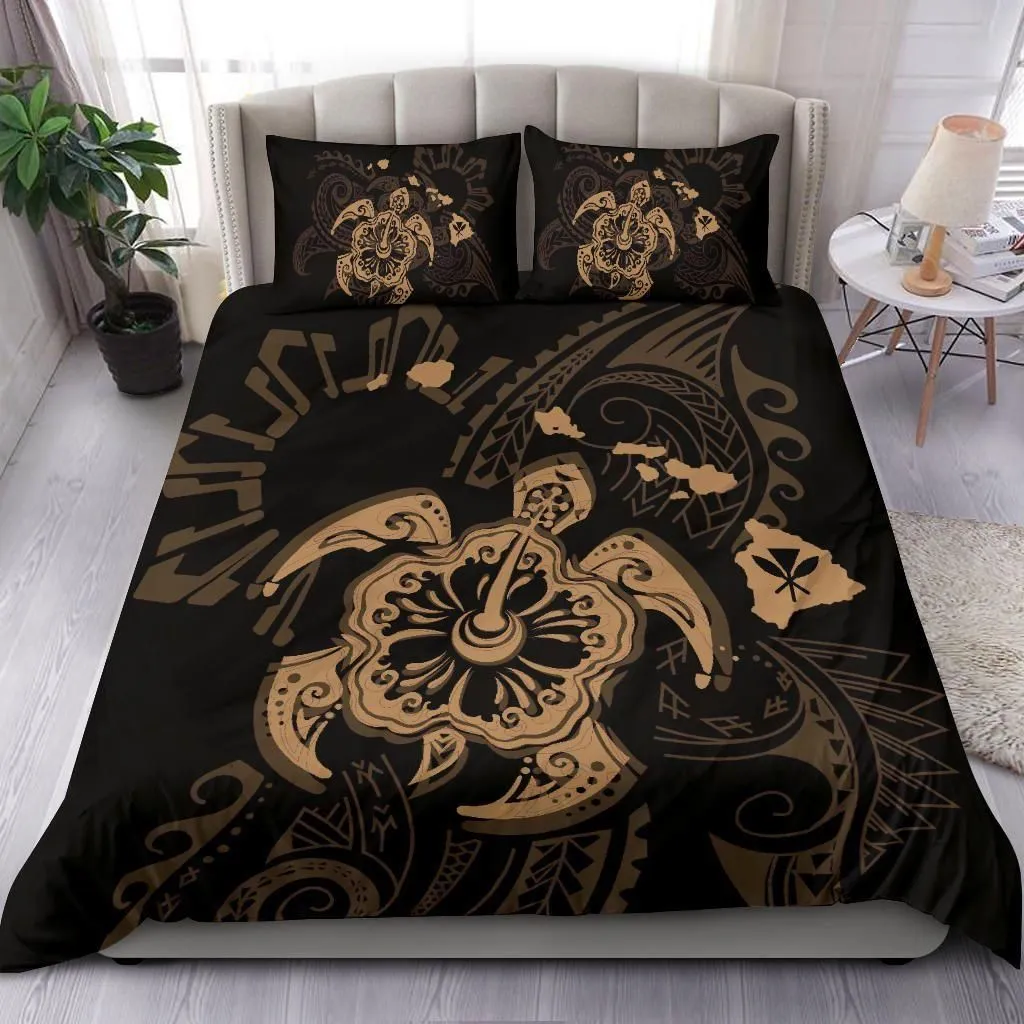 Alohawaii Home Set - Hawaiian Map Kanaka Hibiscus Turtle Gold Polynesian Bedding Set - AH - J4