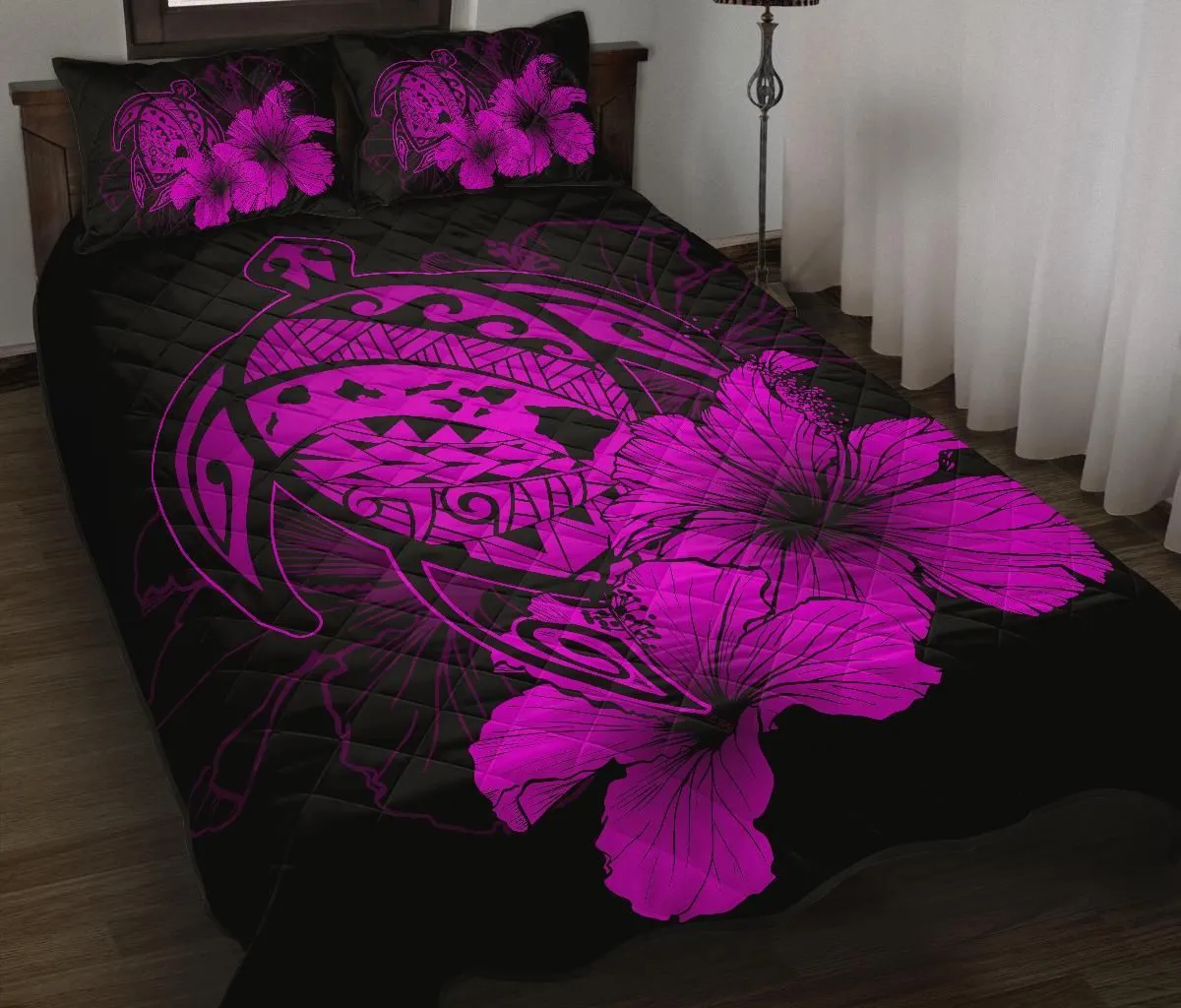 Hawaiian Map Turtle Hibiscus Polynesian Quilt Bedding Set - Violet