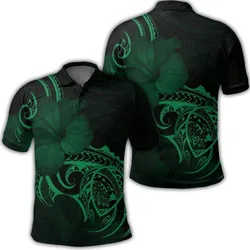 Hawaii Map Turtle Hibiscus Divise Polynesian Polo Shirt Green