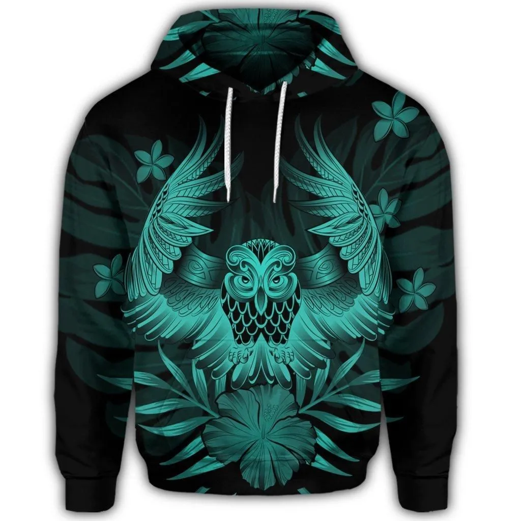 Hawaiian Owl Hibiscus Plumeria Polynesian Hoodie - Turquoise