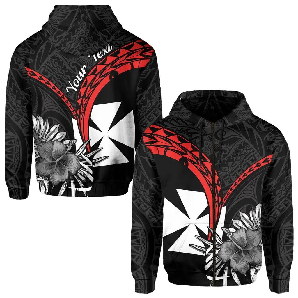 (Custom Personalised) Wallis et Futuna Hoodie Polynesian Pattern and Hibiscus Flowers Version Black LT13