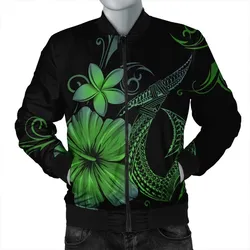 Hawaiian Fish Hook Hibiscus Plumeria Polynesian Bomber Jacket - Green - AH