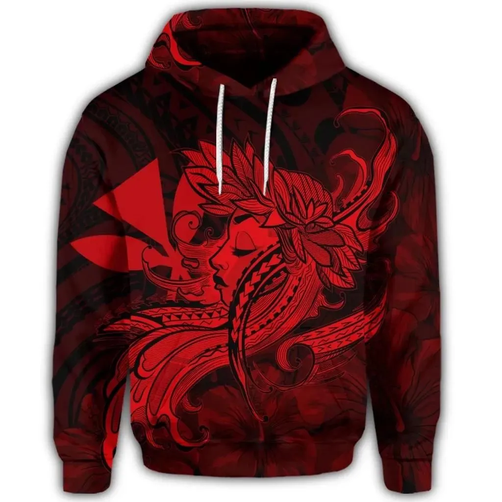 Alohawaii Hoodie - Hawaiian Map Hula Girl Hibiscus Kanaka Polynesian Hoodie - Red - AH - J4R