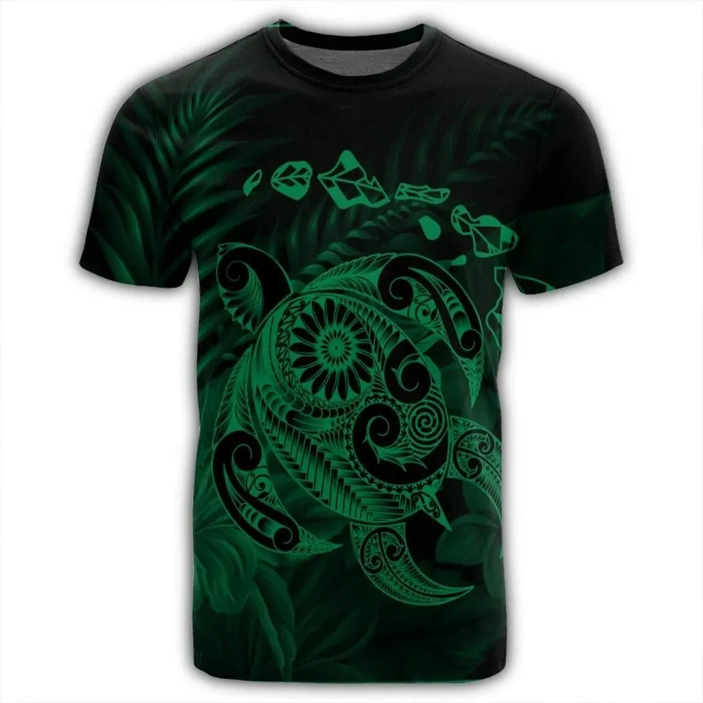 Alohawaii Tee - Hawaiian Map Turtle Tattoo Hibiscus Plumeria Polynesian T-shirt Green - AH - J4R