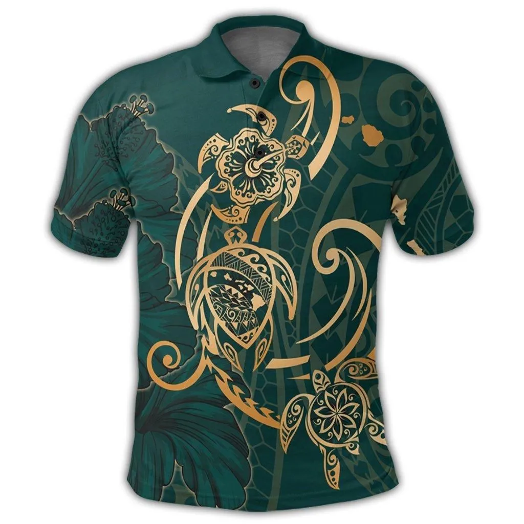 Hawaii Triple Marble Turtle Polynesian Hibiscus Polo Shirt - AH - Benjamin Style - Green