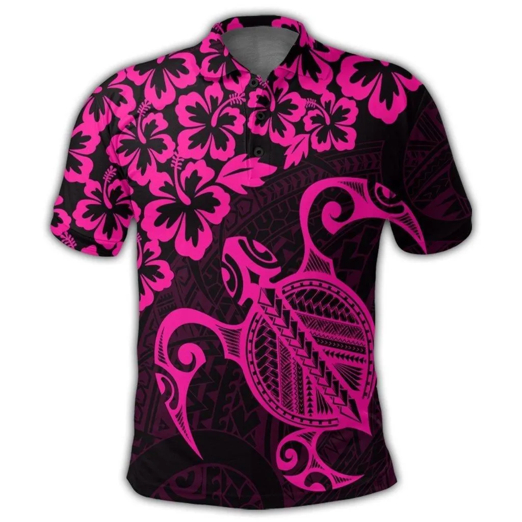 Hawaiian Map Turtle Hibiscus Kanaka Polynesian Polo Shirt - Pink
