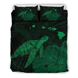 Alohawaii Home Set - Hawaii Polynesian Hibiscus Turtle Map Bedding Set - AH - Green - J5