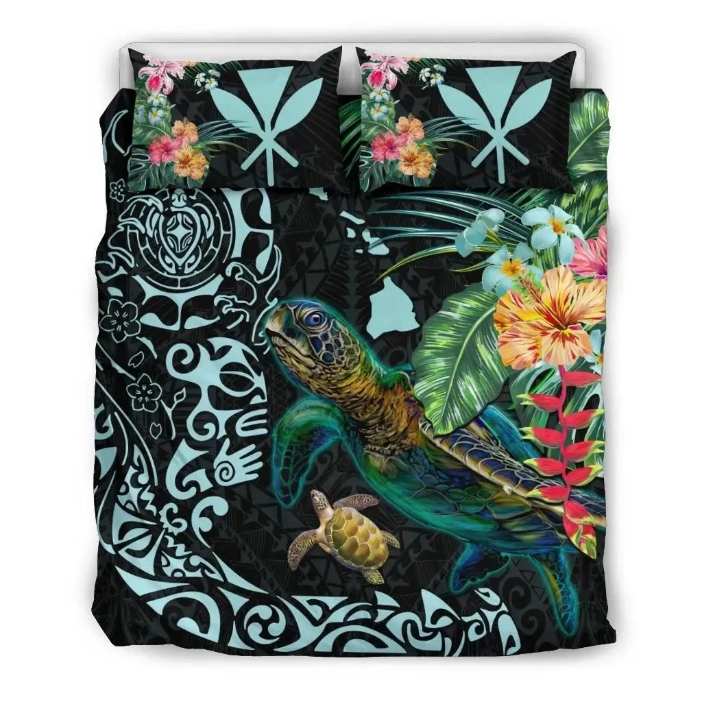 FamilyGater Bedding Set - Cover and Pillow Cases Hawaii Tiki Polynesian - Turtle Mix Hibiscus Cyan K4