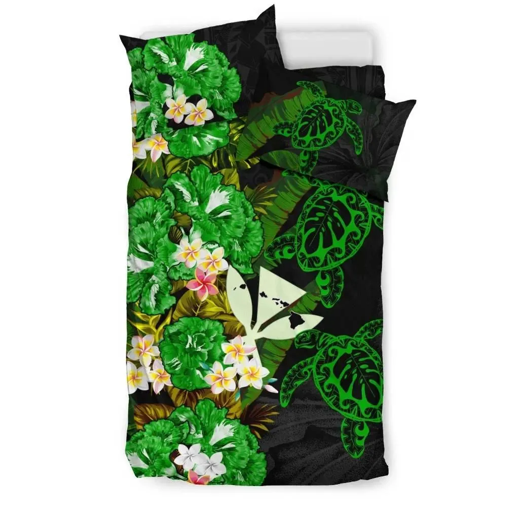 FamilyGater Bedding Set - Cover and Pillow Cases Kanaka Maoli (Hawaiian) - Polynesian Hibiscus Turtle Palm Leaves Green A02