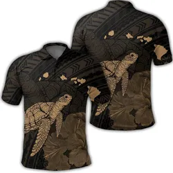 Hawaii Polynesian Hibiscus Turtle Map Polo Shirt Gold