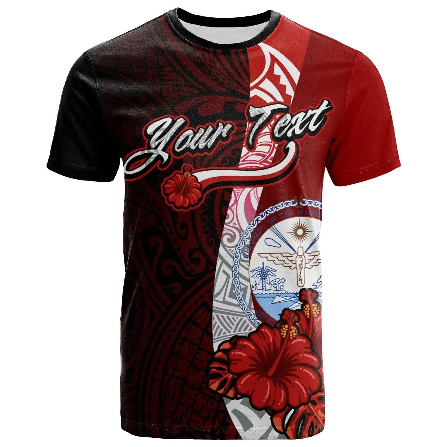 Marshall Islands Polynesian Custom Personalised T-Shirt - Coat Of Arm With Hibiscus - BN12